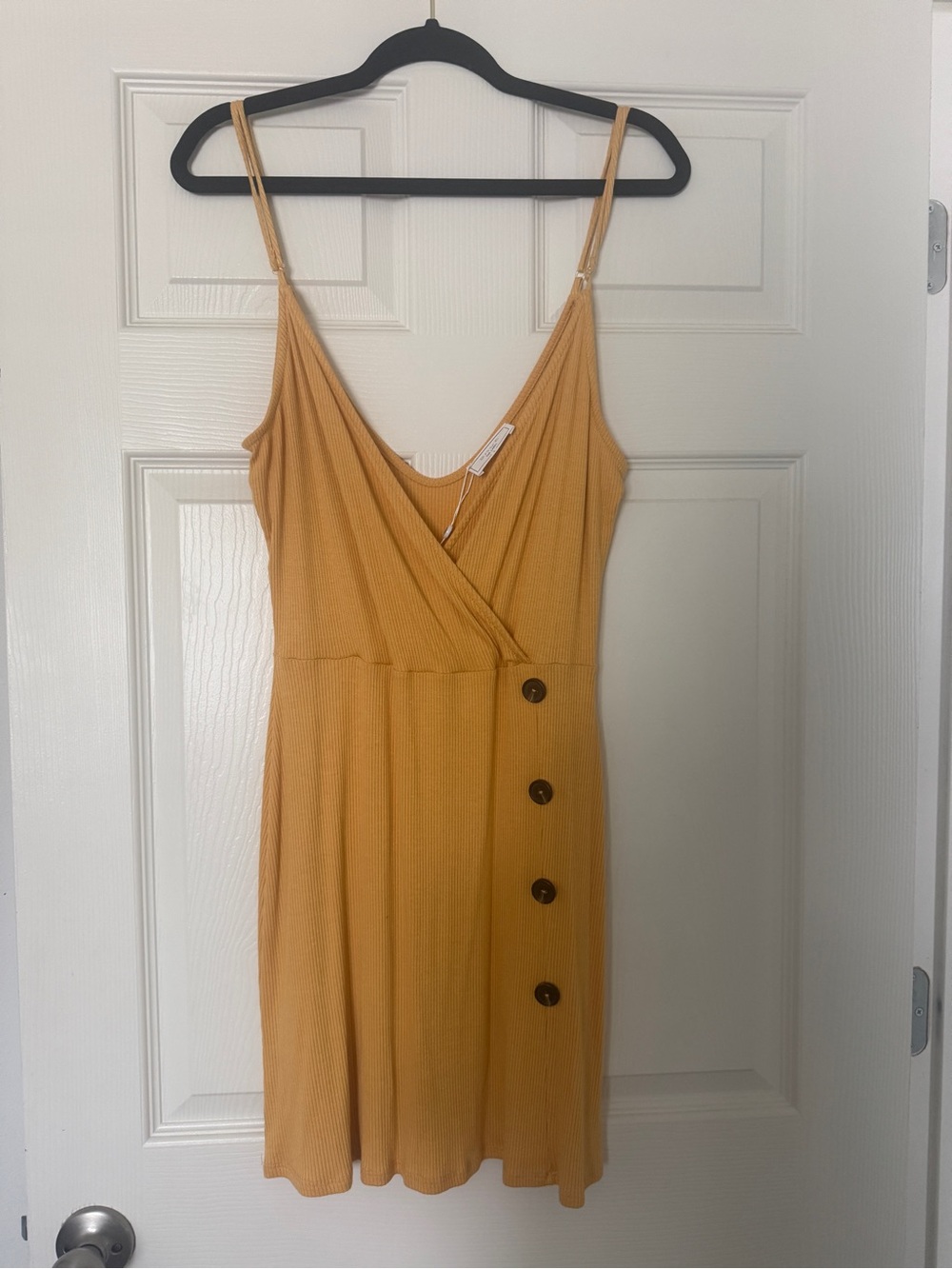 Sage Mustard Yellow Ribbed Button-Accent Mini Dress